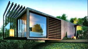 Shipping container housing with wood exterior and picture window