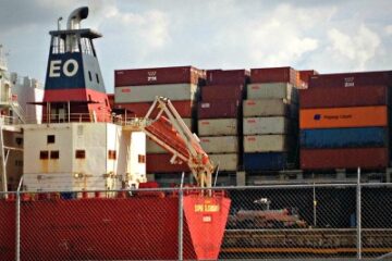 Ship and shipping containers by Panama Canal