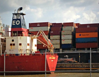 Ship and shipping containers by Panama Canal