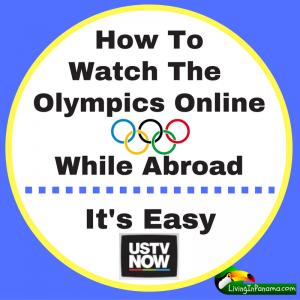 Graphic, blue background, white circle, & text on how to watch the olympics online while abroad