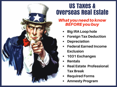 Image of Uncle Sam and text about what you should know about US taxes before buying overseas real estate