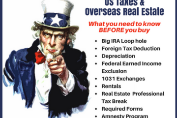 Image of Uncle Sam and text about what you should know about US taxes before buying overseas real estate