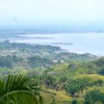 sweeping view of water and town