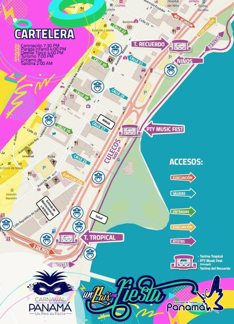 Map of Panama City annotated for Carnival events