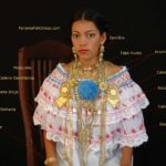 Woman wearing la pollera with jewerly and text on photo