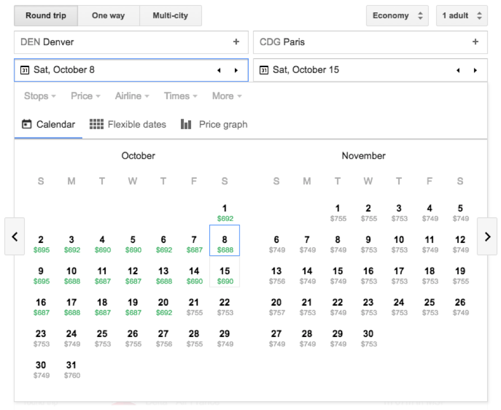 screenshot of calendar for google flights