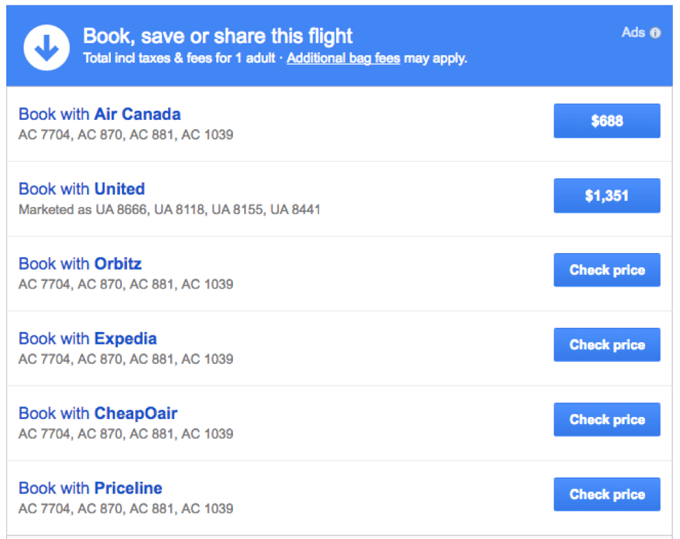 screenshot of your OTA options when using Google Flights