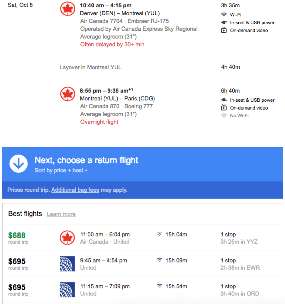 screenshot of return flight options on Google flights