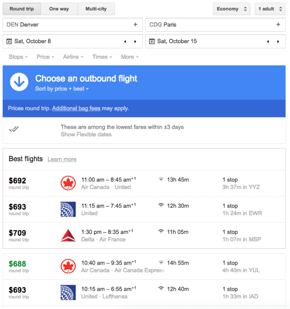 screenshot of your flight options from your search on google flights