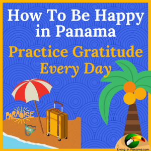 blue square with palm tree and beach images and text about happiness