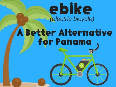 graphic, sky blue background, electric bicycle, palm tree and text about ebikes in Panama