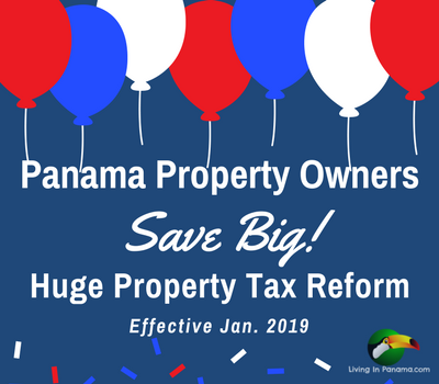 blue background, balloons and confetti in Panama colors and text about Panama Property tax reform