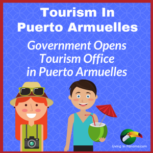 blue square with red border, 2 illustrations of tourists and text about tourism in Puerto