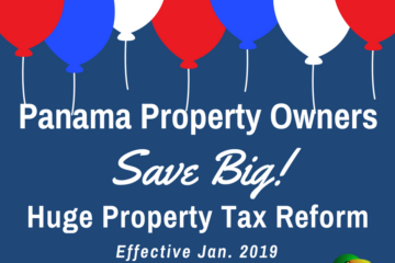 blue background, balloons and confetti in Panama colors and text about Panama Property tax reform