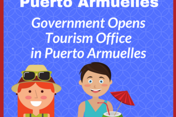 blue square with red border, 2 illustrations of tourists and text about tourism in Puerto