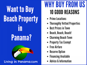 blue and white graphic with text on 10 reasons to buy Panama property from us