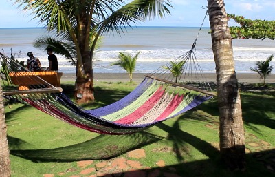 Photo of colorful hammock hanging from palm tree and people and ocean beyond