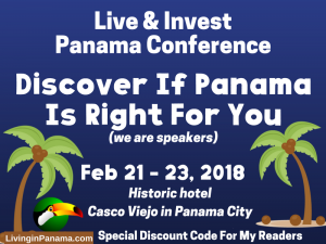 blue rectangle with 2 palm trees, toucan & text about Live & Invest conference