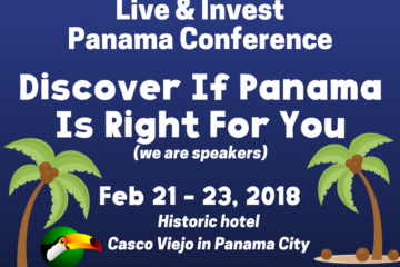 blue rectangle with 2 palm trees, toucan & text about Live & Invest conference