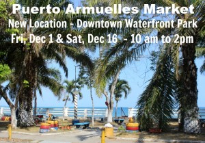 Photo of downtown waterfront park in Puerto Armuelles Panama with text