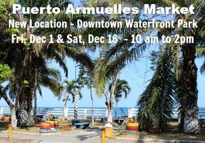 Photo of downtown waterfront park in Puerto Armuelles Panama with text