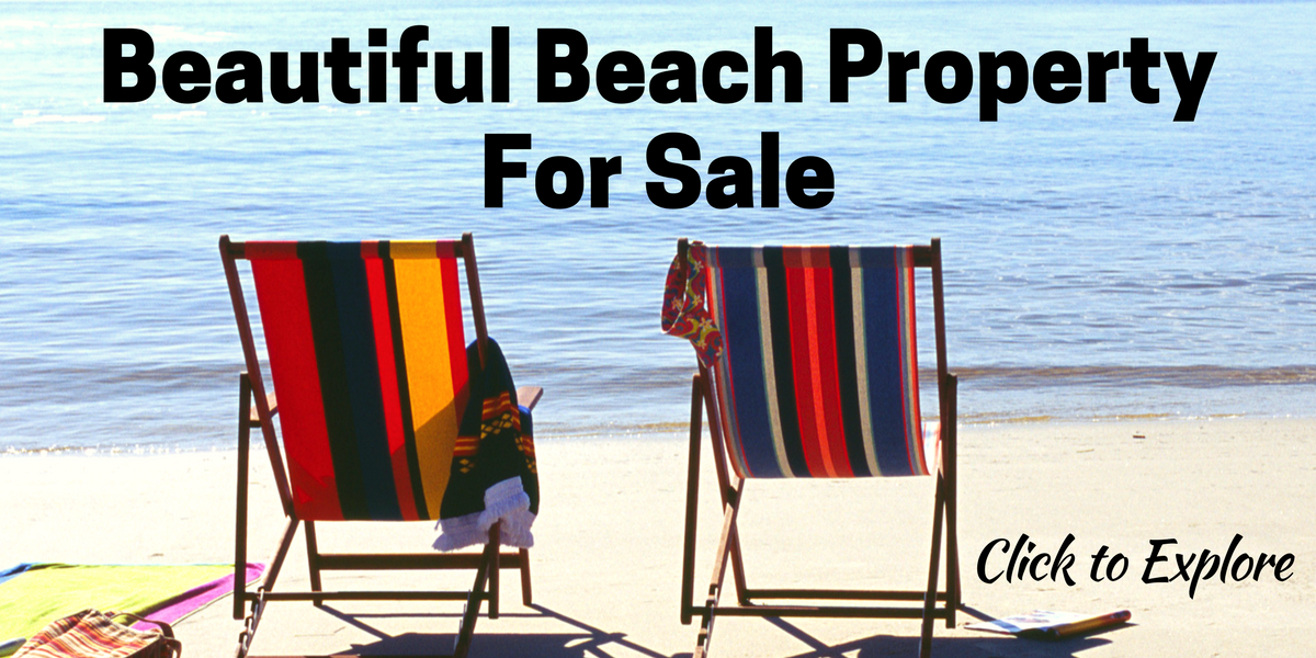 Photo of 2 striped & colorful beach chairs on beach, in front of ocean plus text