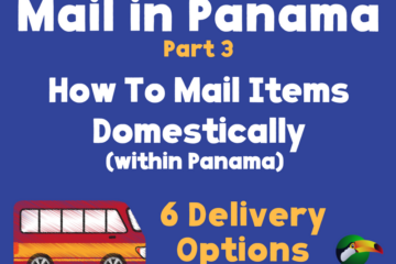 blue background, red & yellow bus graphic plus text about domestic mail in Panama