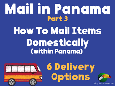 blue background, red & yellow bus graphic plus text about domestic mail in Panama