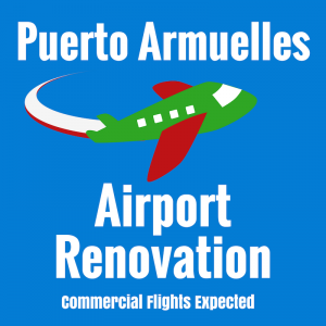 square graphic with blue background with text about airport of Puerto Armuelles