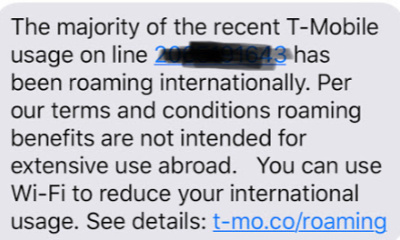 Text message from Tmobile about international roaming overuse
