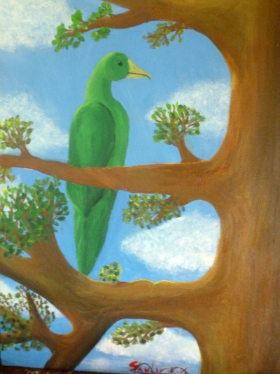 Painting of a greenbird sitting in a tree.