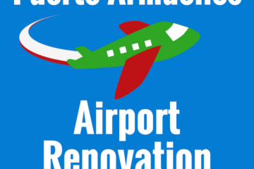 square graphic with blue background with text about airport of Puerto Armuelles