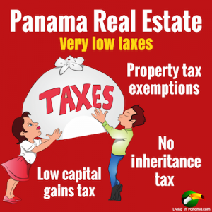 graphic of 3 people hold big bag of taxes and text about panama real estate taxes on red background