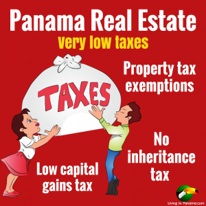 graphic of 2 people hold big bag of taxes and text about panama real estate taxes on red background
