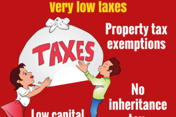 graphic of 2 people hold big bag of taxes and text about panama real estate taxes on red background