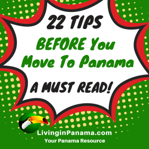 green square with comic speech inset regarding tips for move to Panama