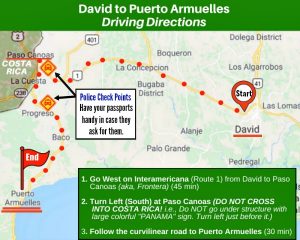 Map plus text describing how to drive to Puerto Armuelles, Panama
