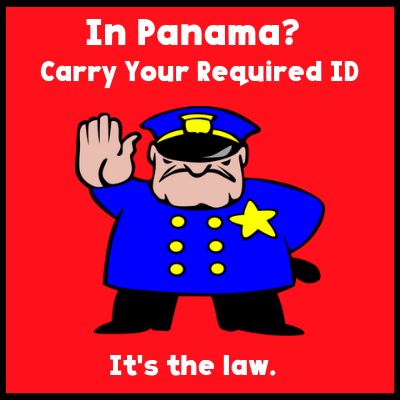 Image with red background and cartoon cop in a halt posture with text about carrying ID in Panama