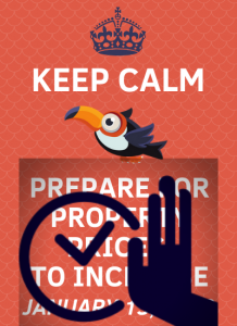 Peach-colored background, cartoon toucan, delay icon, and text about property price increase.