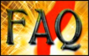3-D letters, "FAQ" on background of yellow fireworks and partial view of red question mark