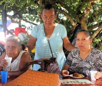 3 older women behind table and under a tree - looking at camera