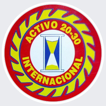 insigna of activo 20-30 international, a circle, gear in yeollow, red and light green