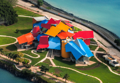 aerial view of the biomuseo in Panama City, Panama