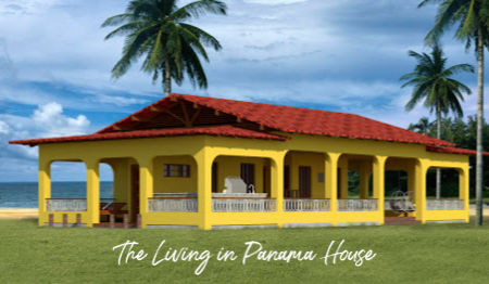 graphic of yellow tropical house by ocean