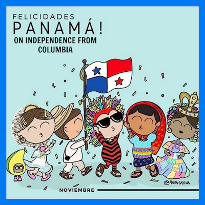 cartoon kids with a Panamanian flag enjoying a noisy parade
