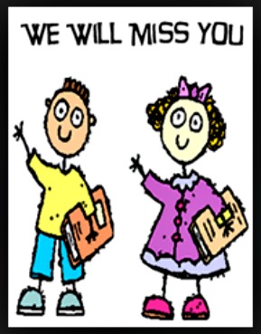 Cartoon boy and girl waving goodbye, 