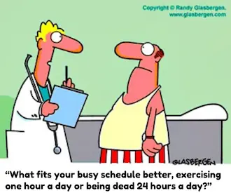 cartoon of doctor and patient discussing whether to exercise or die